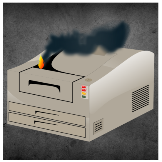 billede af tegning af printer der kommer røg ud af 