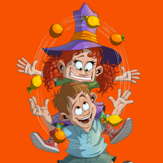 billede af tegning af 2 børn, pigen sidder på skuldrene af drengen og de jonglerer med appelsiner