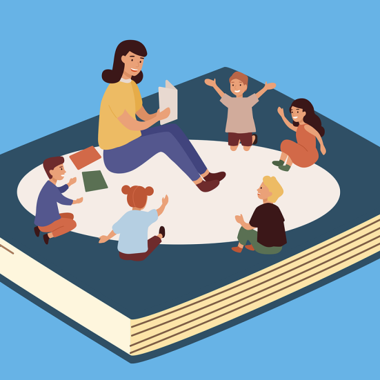 billede af tegning med voksen der læser højt for børn