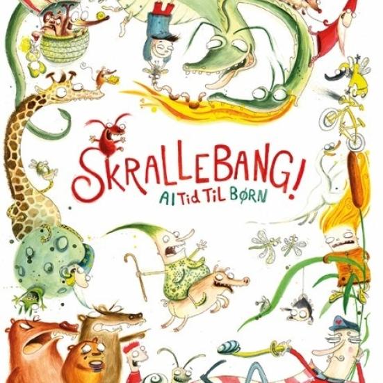 Billedet forestiller en plakat med mange tegnede dyr hvorpå der står "Skrallebang! Alt til børn"