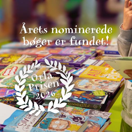 Billede af børnebøger på et bord og et barn, der kigger på dem samt logo for Orla prisen