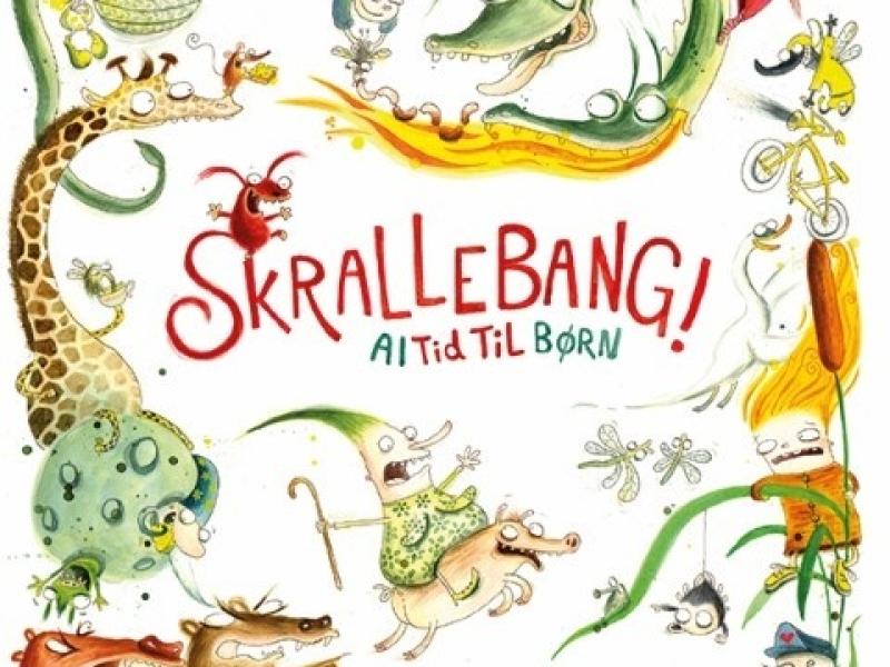 Billedet forestiller en plakat med mange tegnede dyr hvorpå der står "Skrallebang! Alt til børn"