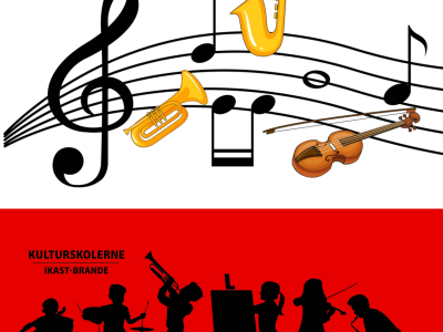 billede af nodelinje med instrumenter på stregerne og ikast-brande musikskoles logo