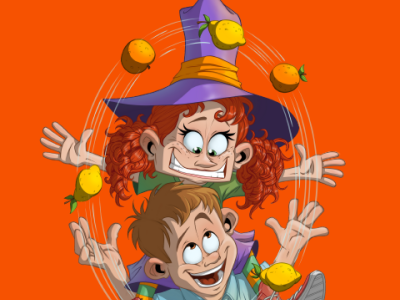 billede af tegning af 2 børn, pigen sidder på skuldrene af drengen og de jonglerer med appelsiner