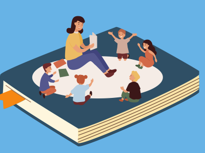 billede af tegning med voksen der læser højt for børn