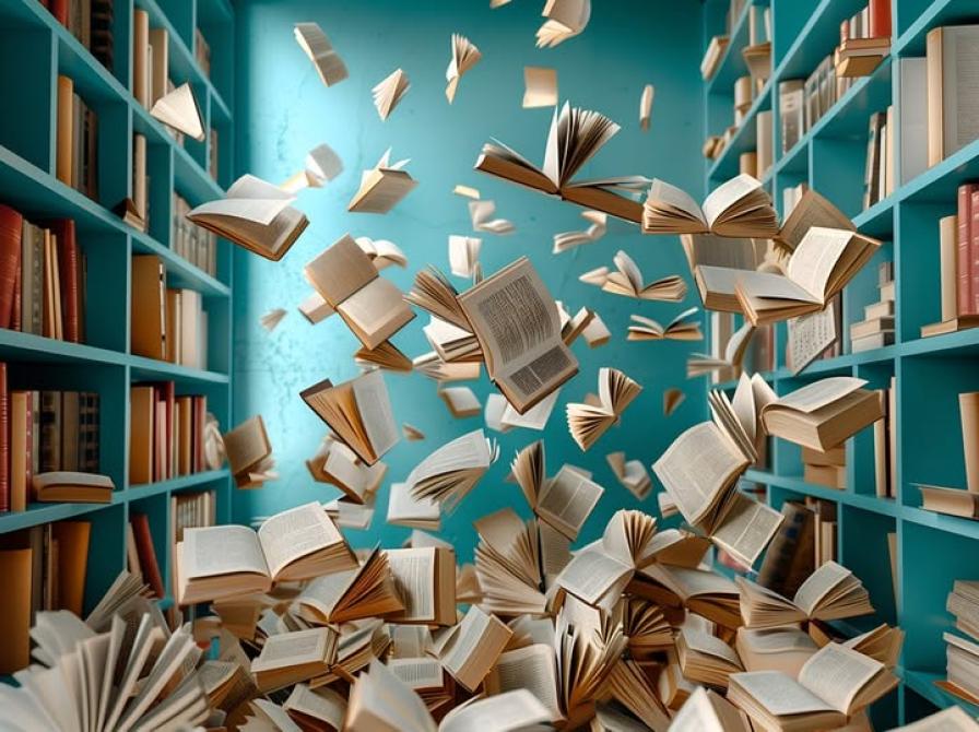 billede af bøger der flyver ned fra reoler