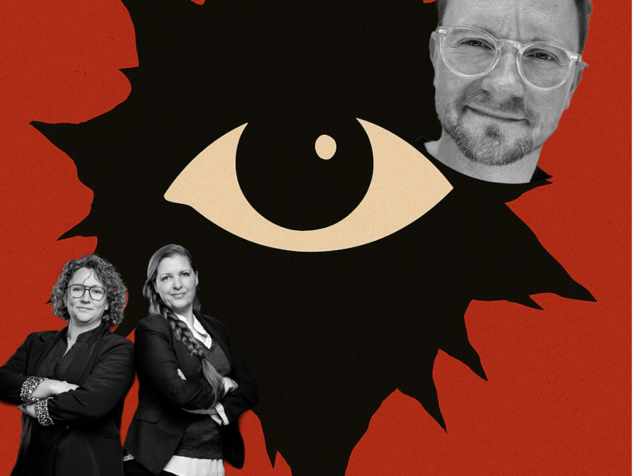 billede af stirrende øje på rød baggrund og tre personer