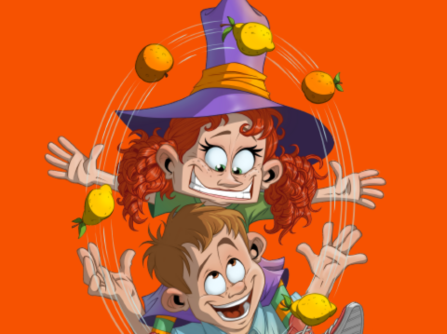 billede af tegning af 2 børn, pigen sidder på skuldrene af drengen og de jonglerer med appelsiner