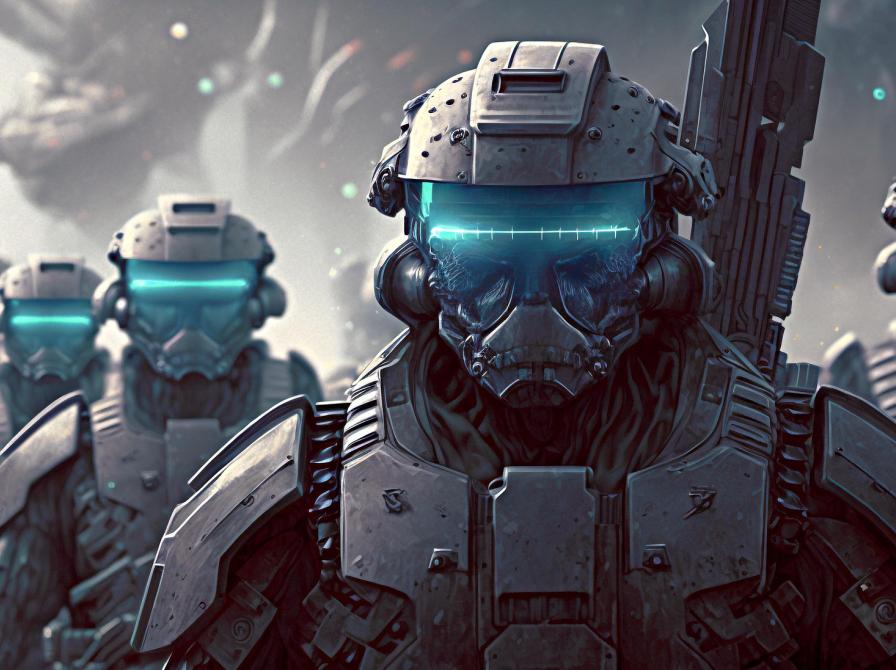 Truende robotsoldater går mod skærmen.