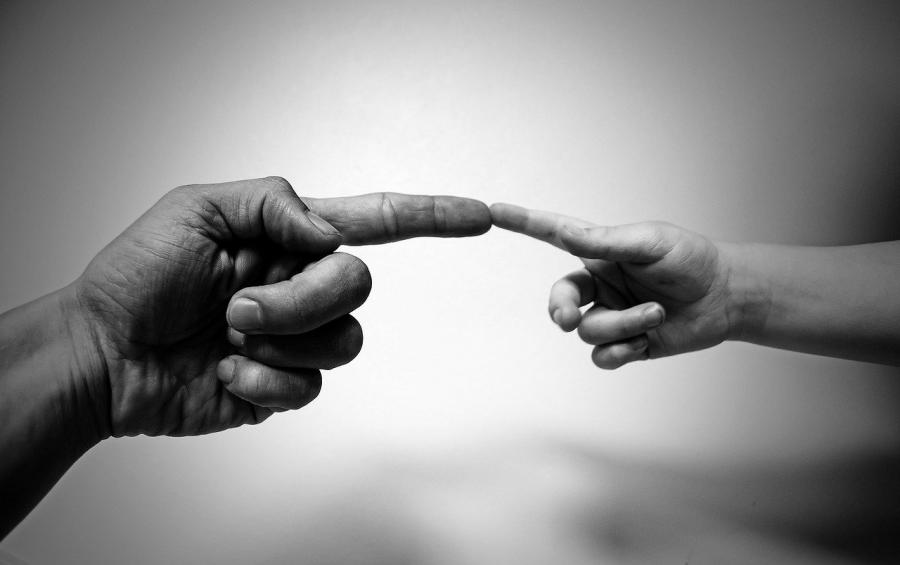 Billedet er sort-hvidt og viser to hænder, hvis pegefinger mødes i midten. Den venstre hånd er en voksens og den højre et barns.