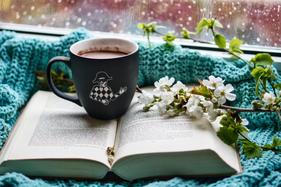 Billedet viser en rude med regn, et strikket tæppe og en åben bog hvorpå der er en kop kakao.