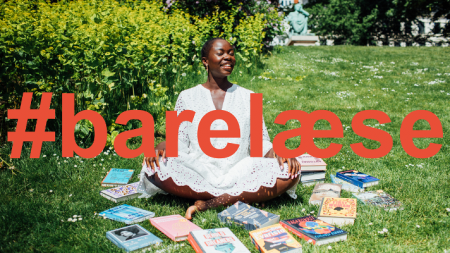 Billedet forestiller en kvinde der sidder i en cirkel af bøgre på en græsplæne. Henover billedet står der "#barelæse".