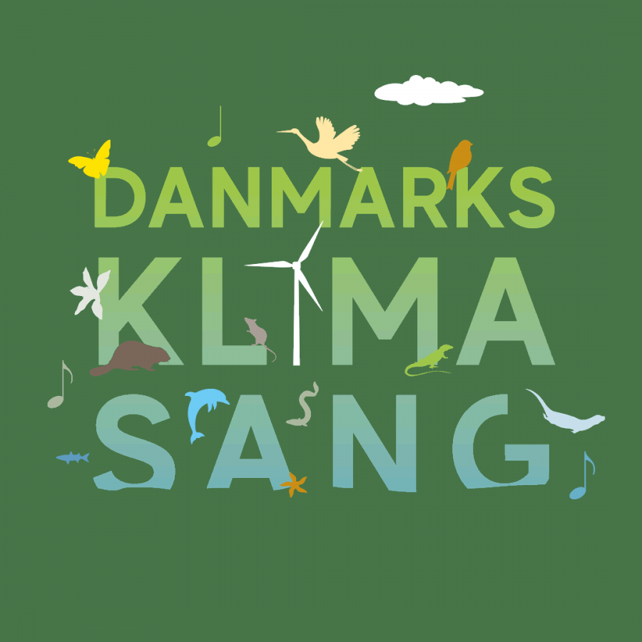 Billedet er grønt med teksten "Danmarks klimasang." Der er fugle, vindmøller og noder på.