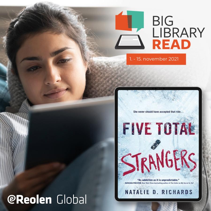 Billedet viser en ung pige, der ligger og læser, samt coveret på bogen Five Total Strangers.