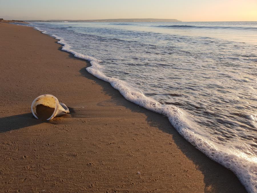 Billedet viser en strand ved solnedgang. Halvgravet i sandet ligger en plastickrus. Havet fylder den højre del af billedet.