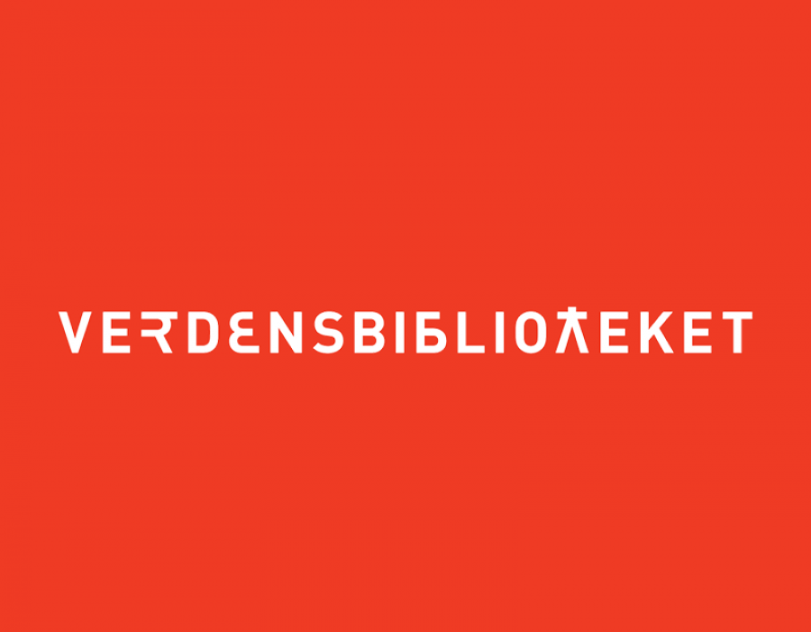 Billedet viser Verdensbibliotekets logo på rød baggrund